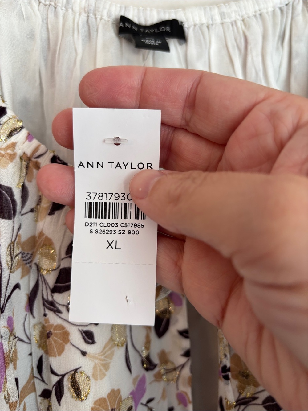 Ann Taylor Cream Floral metallic ruffle Long-Sleeve Peasant smocked blouse XL - Picture 7 of 12